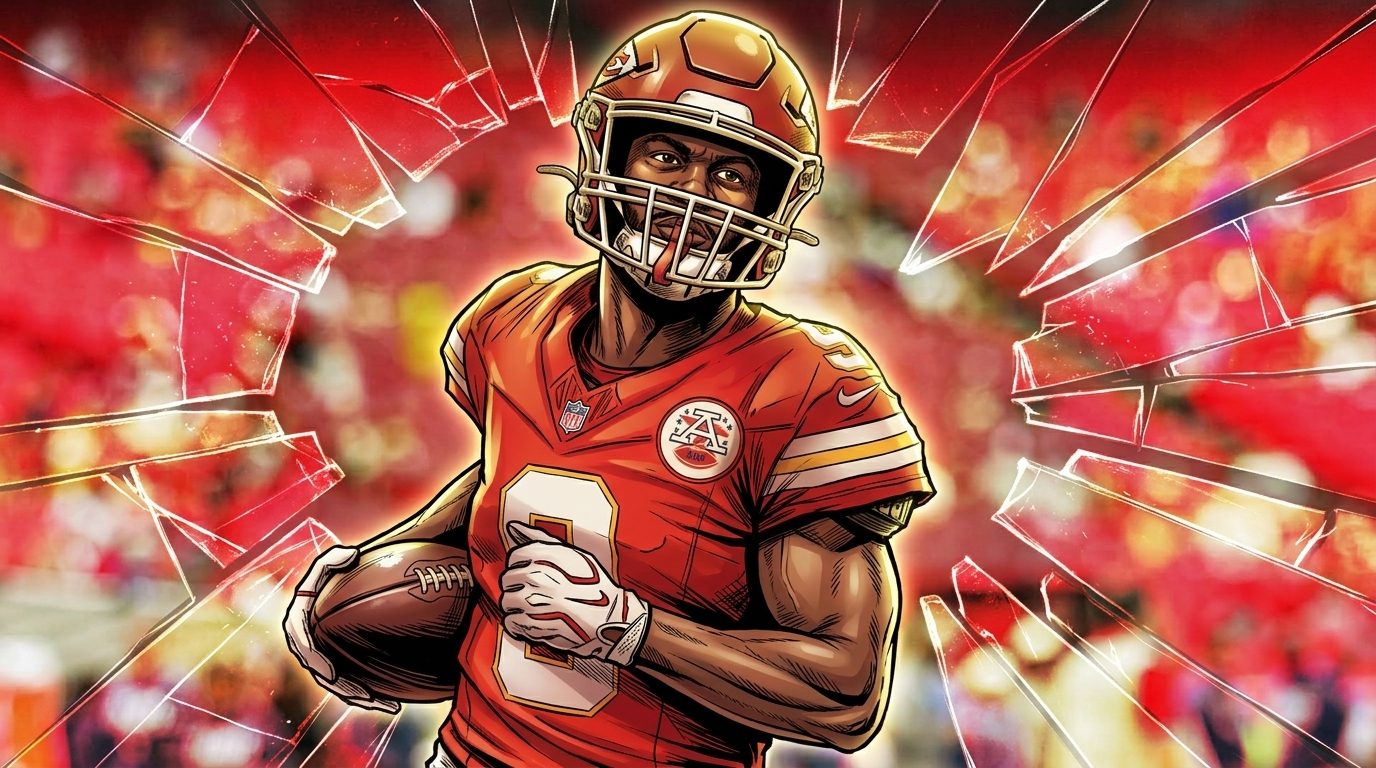 Comic-style illustration of Chiefs running back Kenneth Walker III in a red No. 9 jersey and gold helmet, jogging with a football under his arm, bold shattered-glass shards radiating around him against a blurred red stadium crowd background.