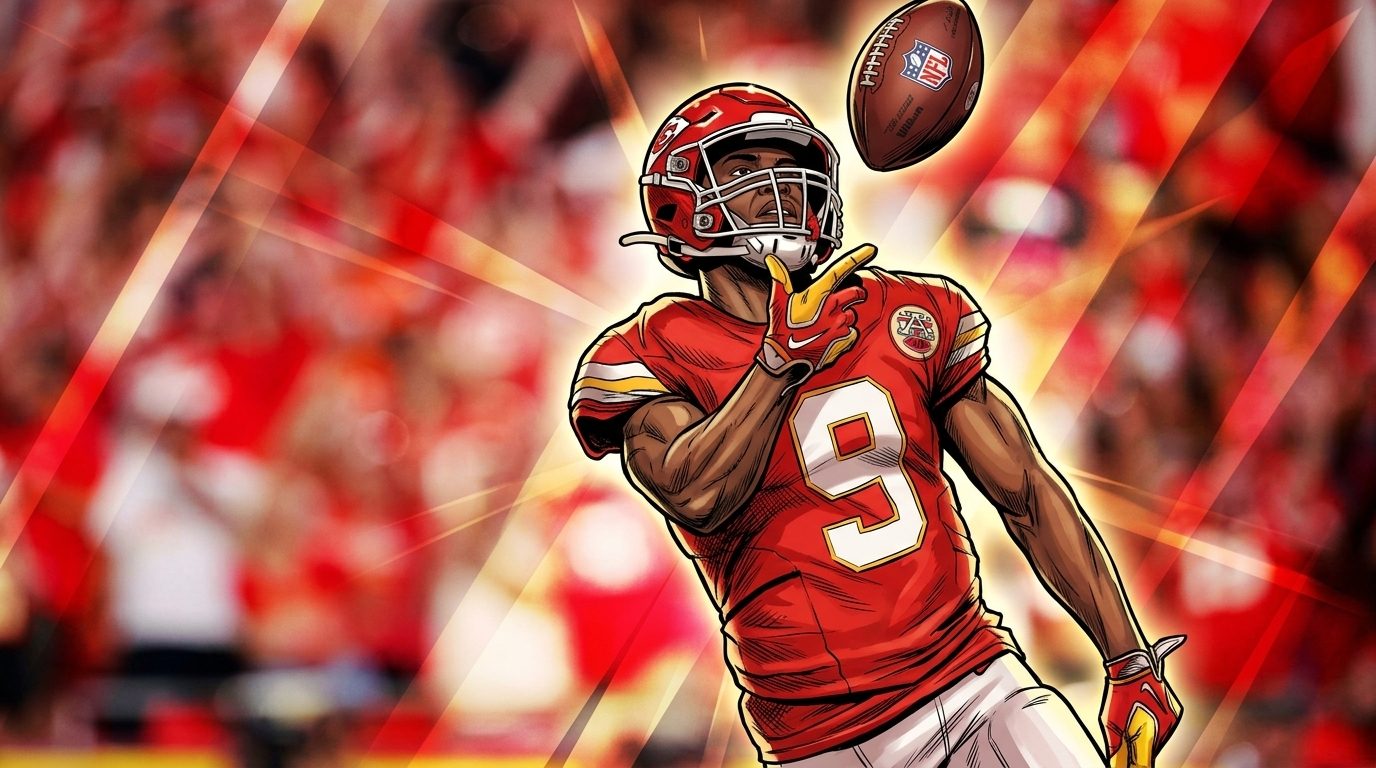 Kenneth Walker III, in a comic-style illustration with a geometric light streaks effect, mid-throw tossing a football into the stands, wearing a red Kansas City Chiefs jersey and helmet
