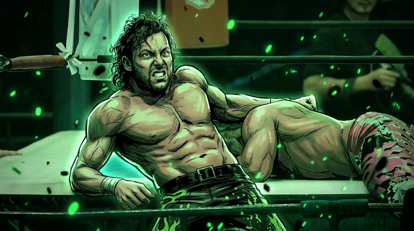 Comic-style illustration of Kenny Omega leaning against the ring ropes in black wrestling pants with a green flame print, green particle-effect background