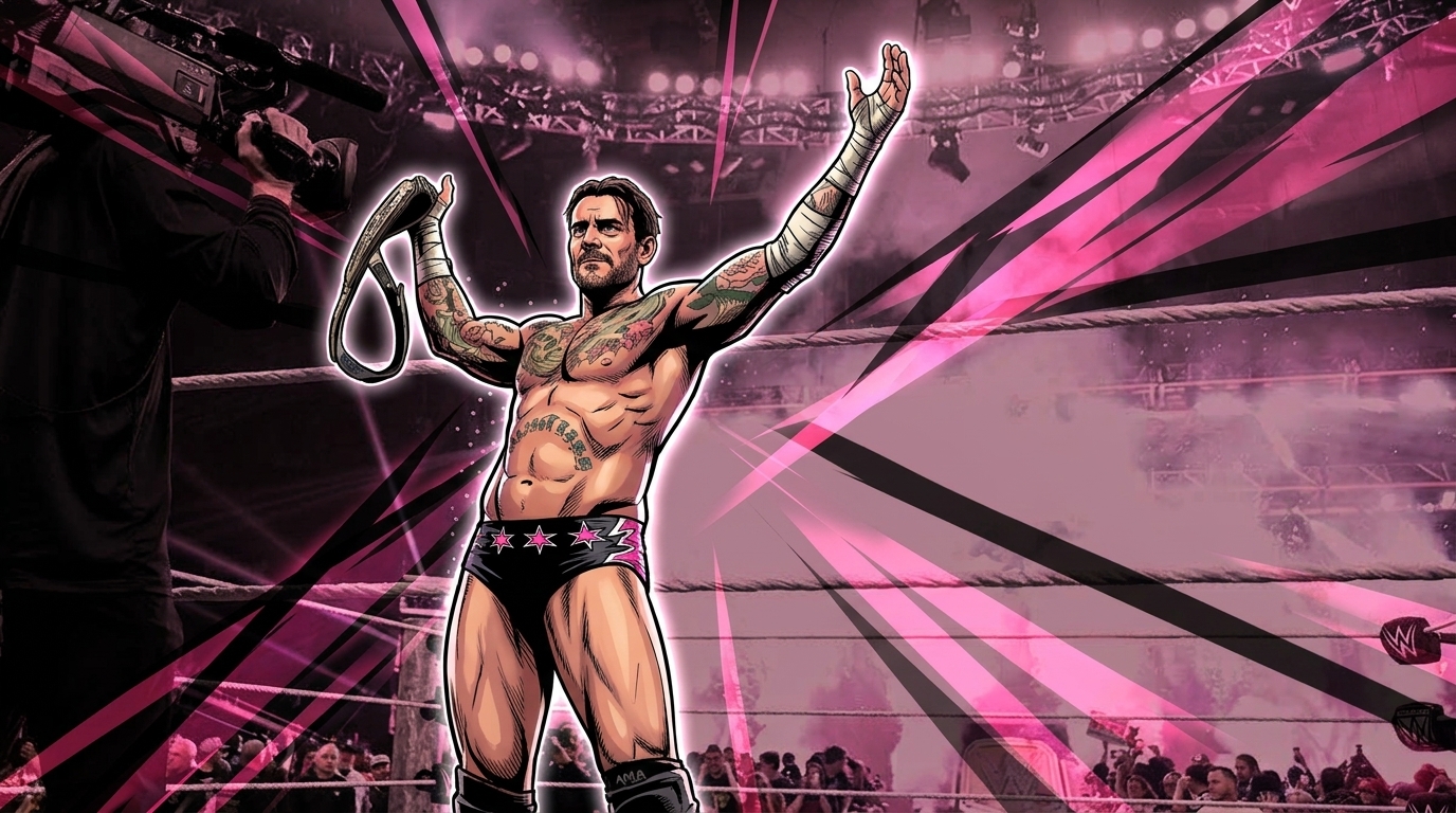 CM Punk, comic-styled in the ring with his championship belt raised, under pink and black geometric light-streak effects — Swipe Sports