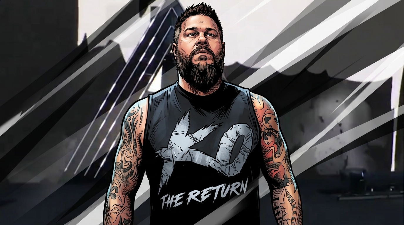 Comic-style illustration of Kevin Owens in a black KO The Return tank top with tattoos visible, standing backstage under black and white geometric light streaks