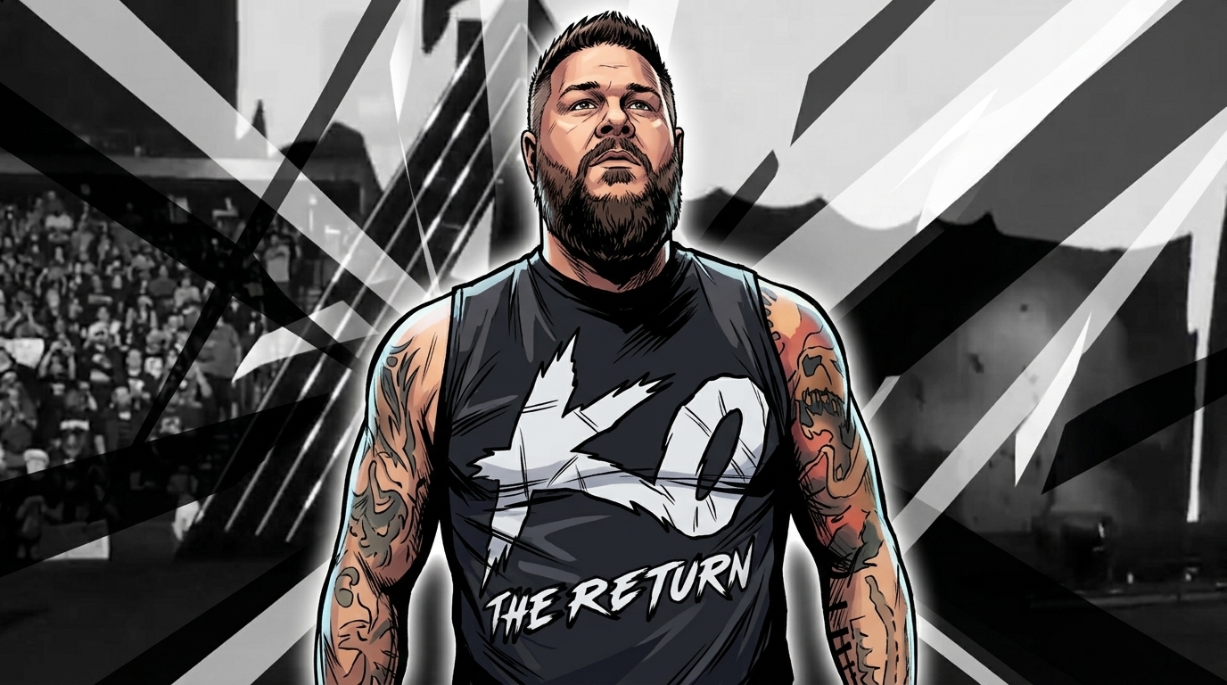 Kevin Owens in comic book illustration style with black and white geometric light streaks