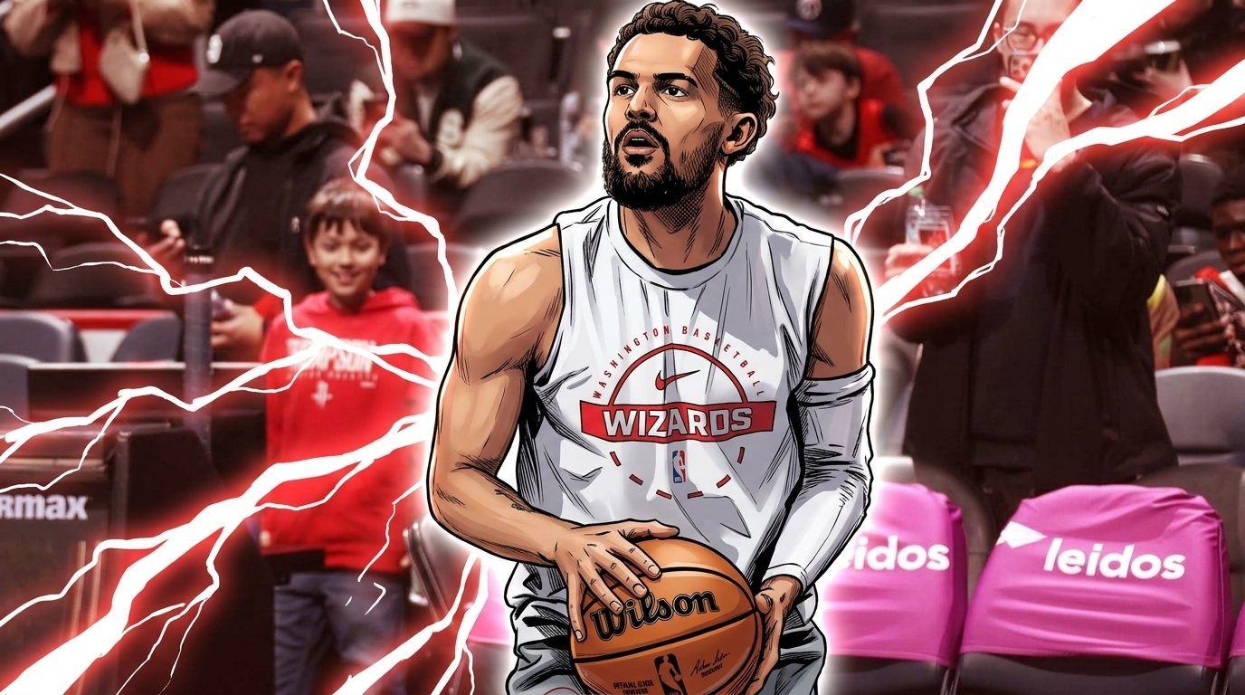 Comic-style illustration of Trae Young in a white Wizards practice jersey shooting a free throw, with electric lightning effects and a blurred arena crowd in the background