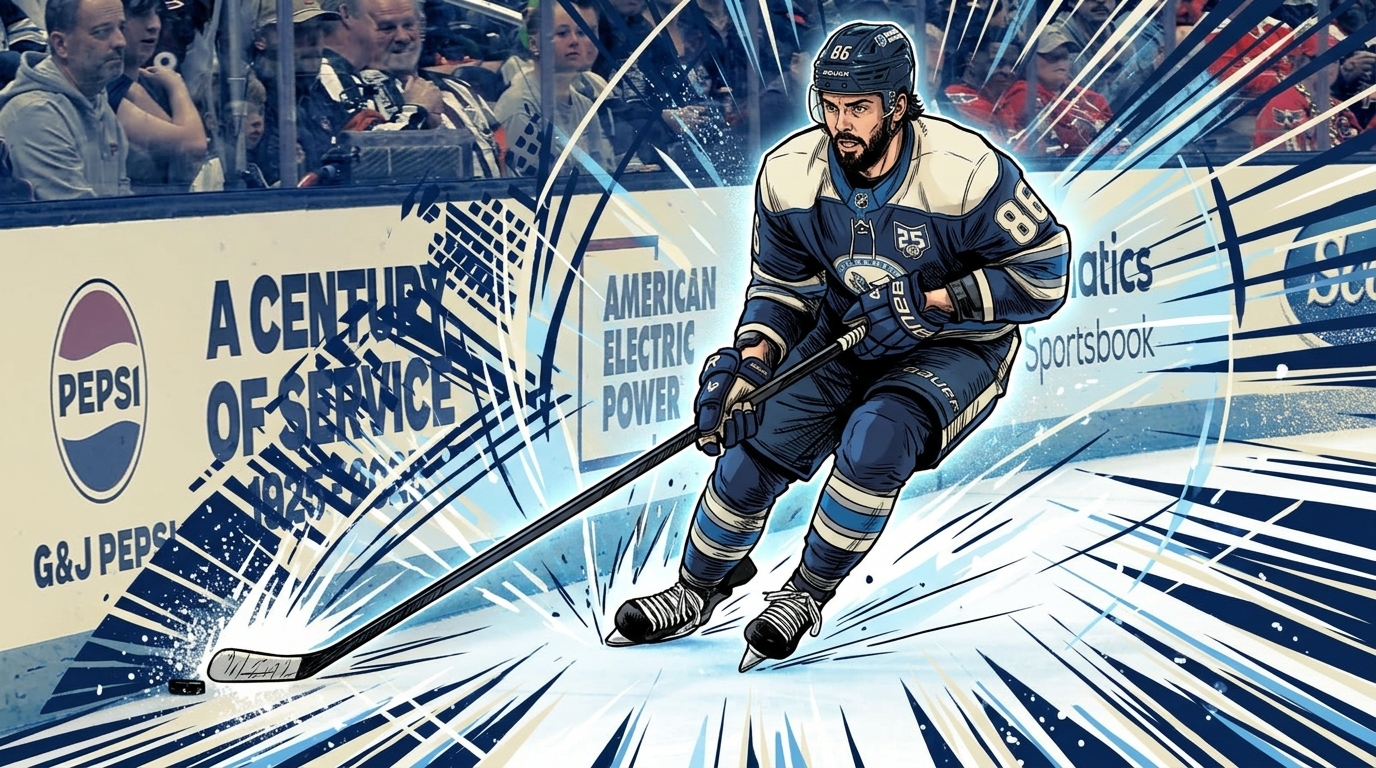 Kirill Marchenko of the Columbus Blue Jackets in comic book illustration style, skating with the puck in his navy home jersey, blue-white shockwave effect radiating behind him