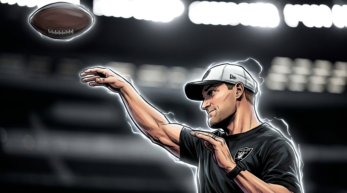 Kirk Cousins of the Las Vegas Raiders in comic book illustration style, mid-throwing motion with arm extended, white cap and black Raiders jersey, neon rim glow effect against a stadium lighting background.