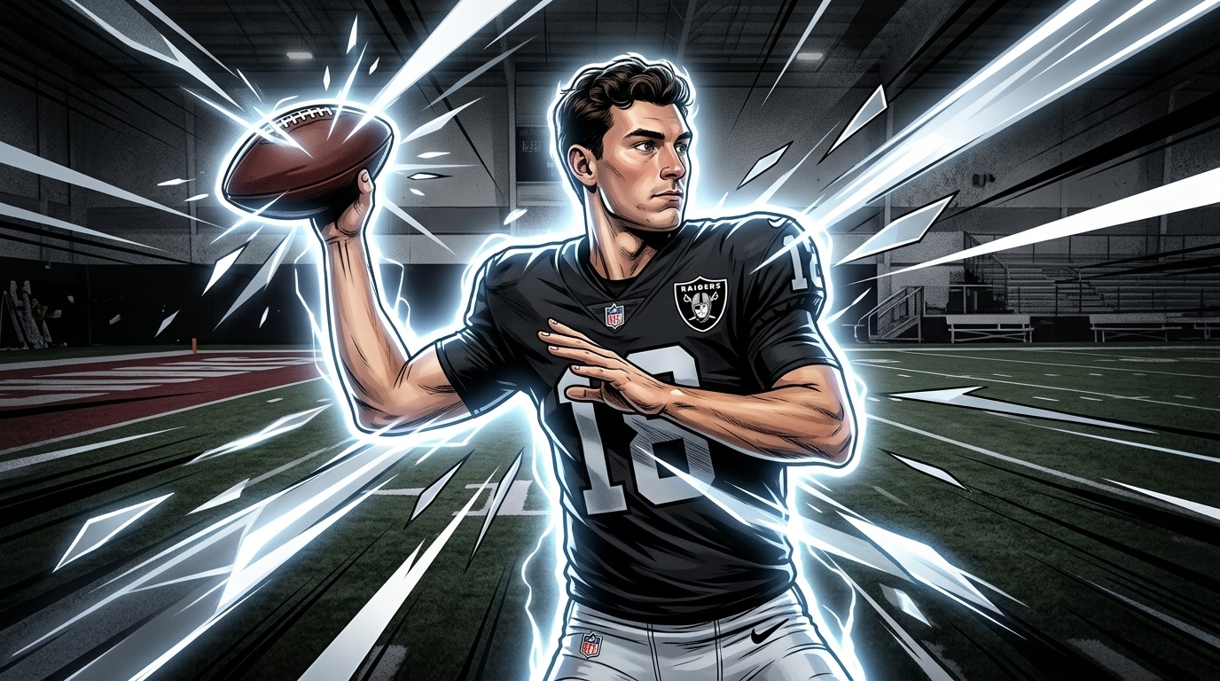 Fernando Mendoza of the Las Vegas Raiders in comic book illustration style, throwing motion, black jersey, geometric light streaks effect