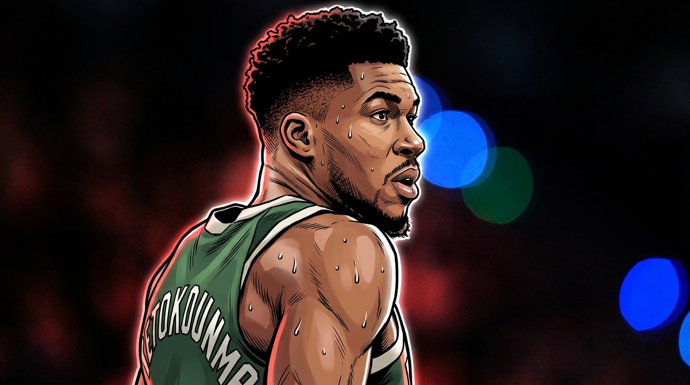 Giannis Antetokounmpo in Bucks green jersey illustrated in comic book style with neon rim glow effects
