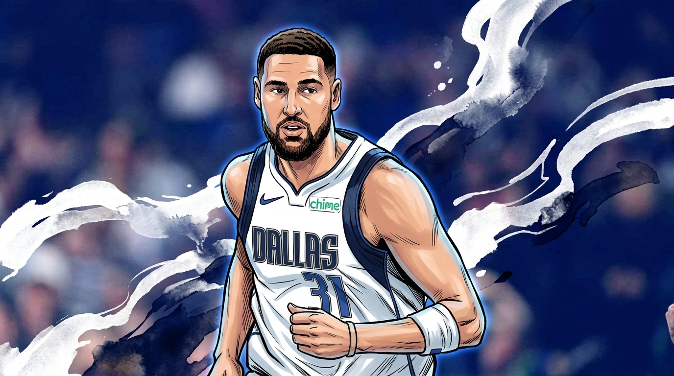 Klay Thompson in his Dallas Mavericks jersey illustrated in comic book style with ink wash and watercolor bleed effects and a navy color wash