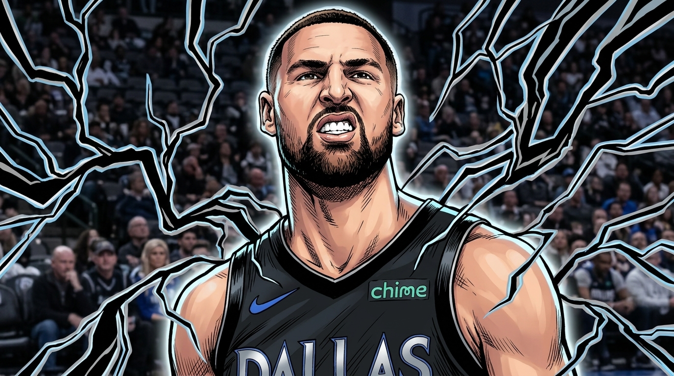 Comic-style illustration of Klay Thompson in his black Dallas Mavericks jersey, outlined in an electric energy lightning effect against a blurred arena crowd background.