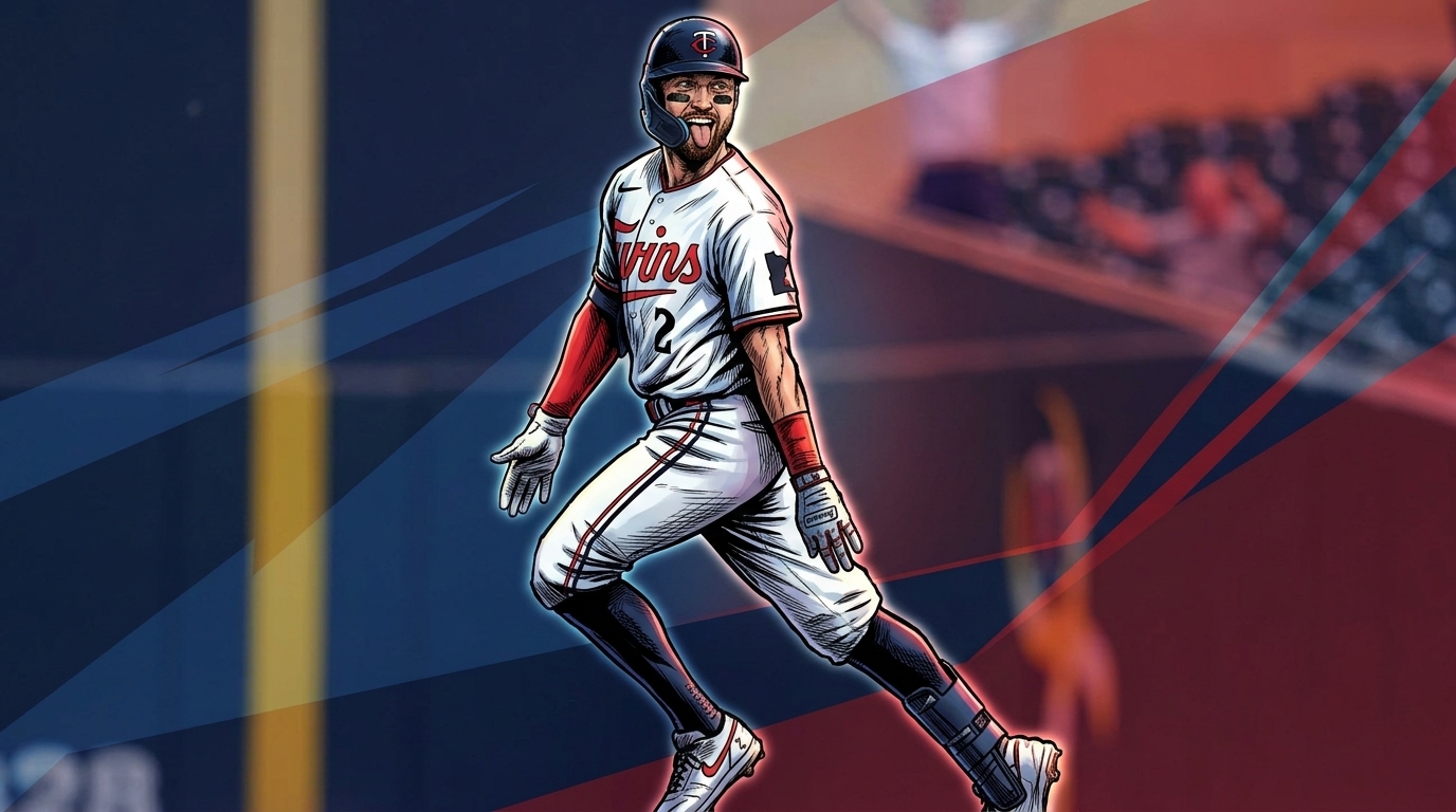 Comic-style illustration of Minnesota Twins infielder Kody Clemens celebrating his walk-off grand slam against the Kansas City Royals at Target Field
