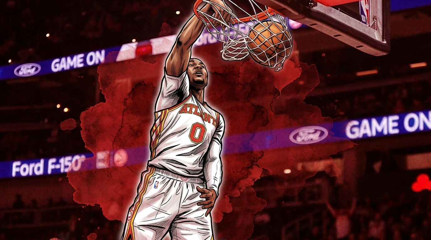 Jonathan Kuminga in white Atlanta Hawks jersey dunking, comic ink-outline illustration style with red ink-wash background effect
