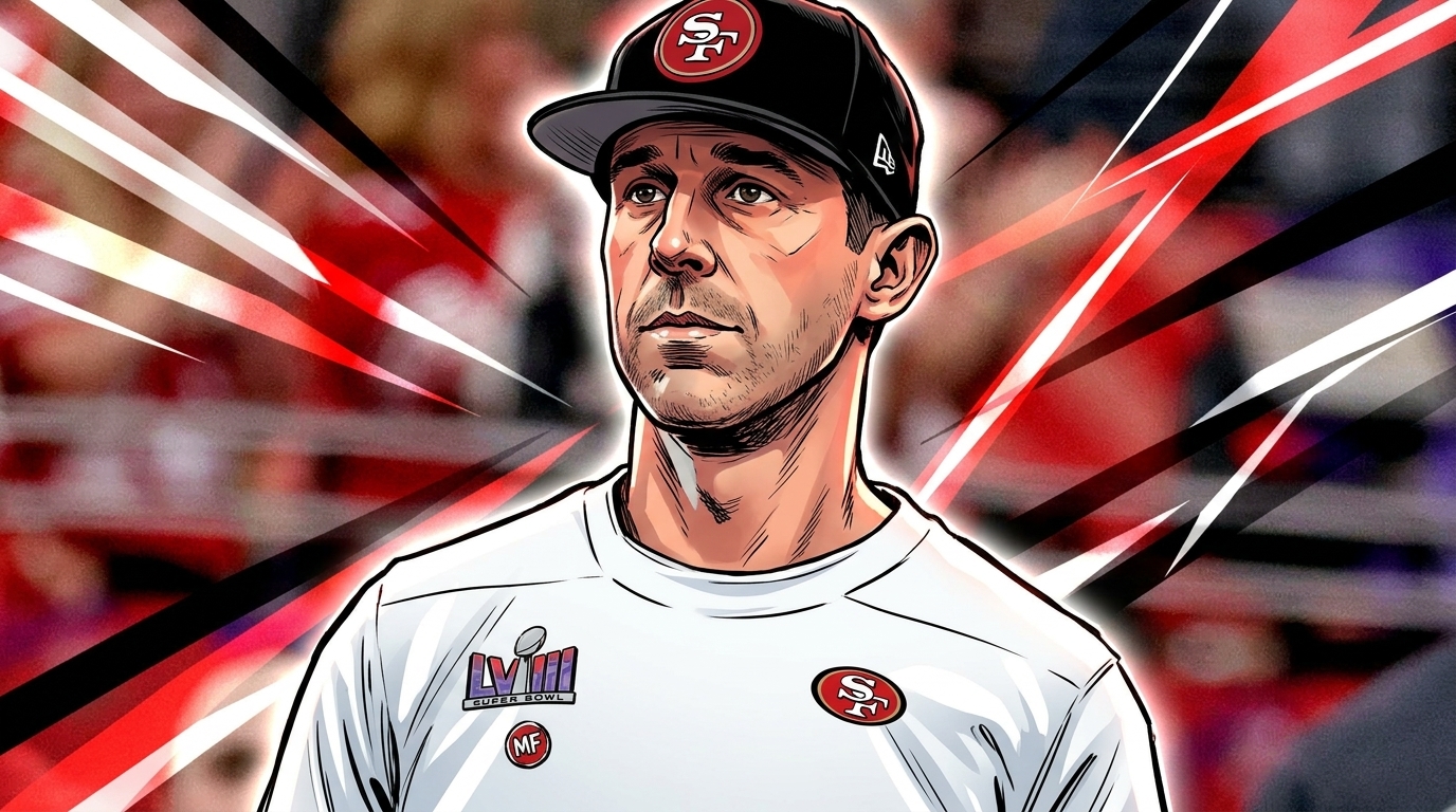 Comic-style rendering of Kyle Shanahan in a white 49ers Super Bowl LVIII shirt and black cap, red and white geometric light-streak effect over a blurred stadium background