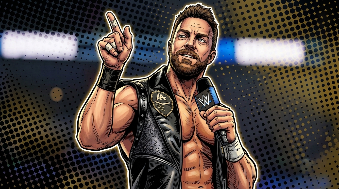 Comic-style illustration of LA Knight in a black leather vest with gold LA Knight patch, pointing upward while holding a WWE microphone, ink-wash and gold particle effect against a blurred arena background