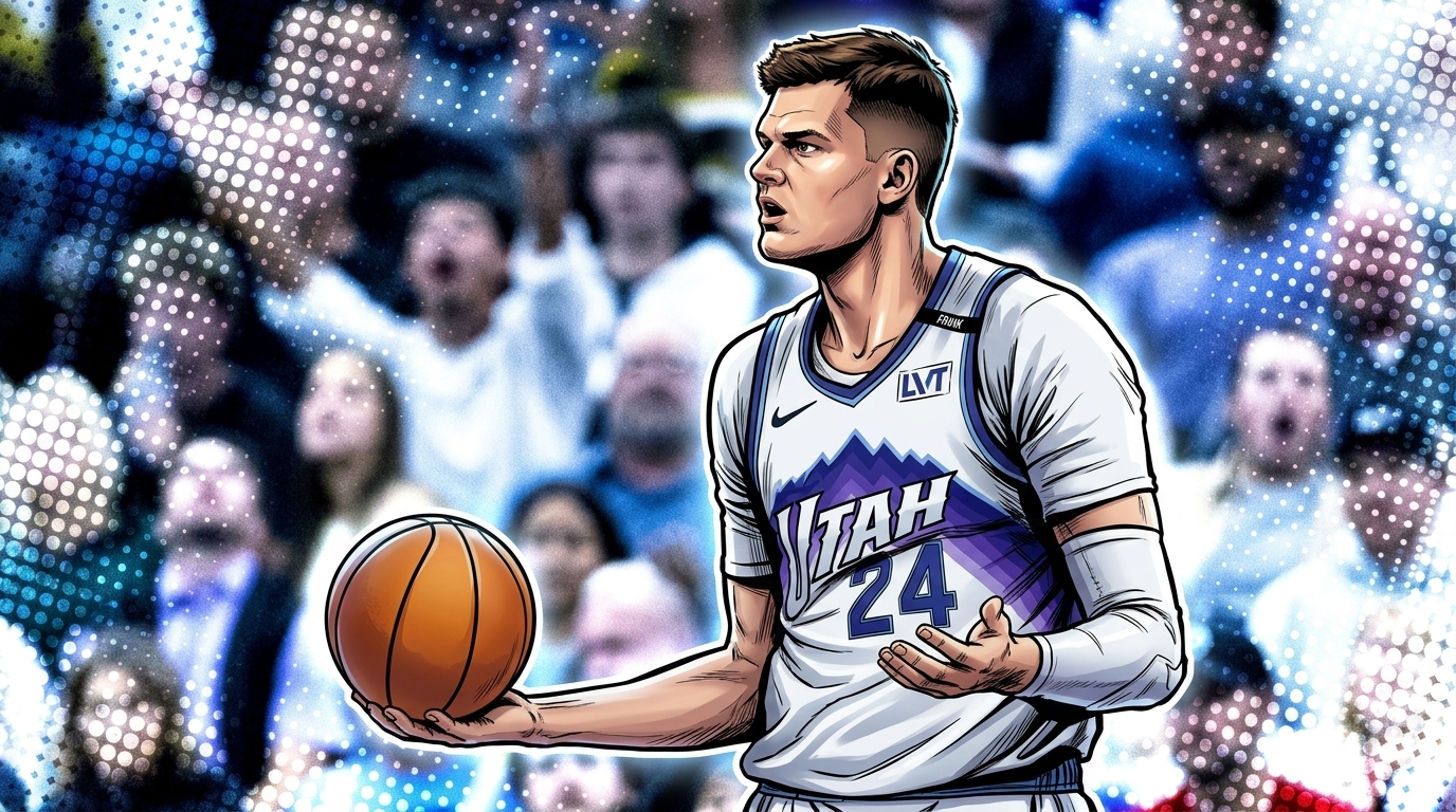 Walker Kessler in Utah Jazz white, comic book halftone style