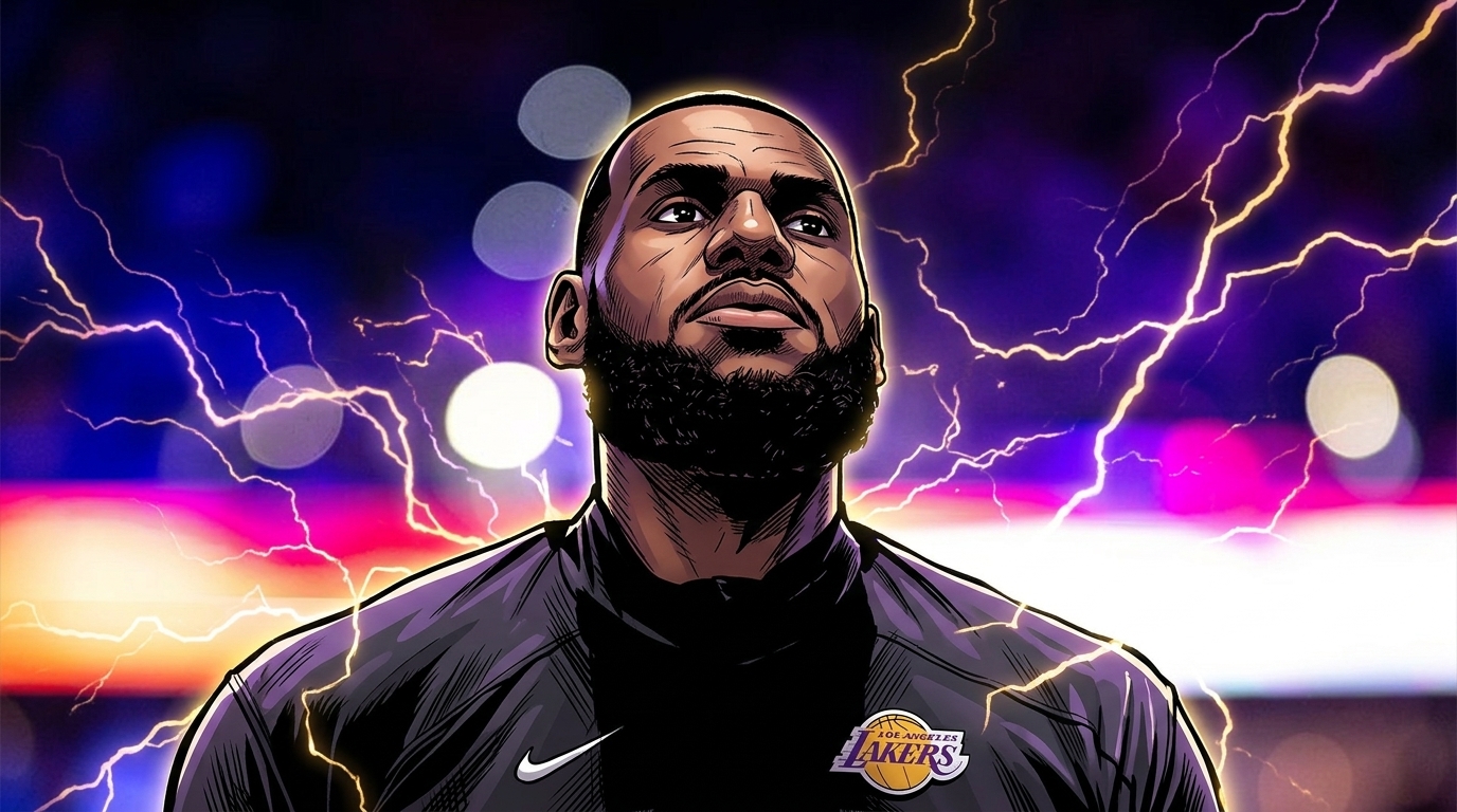 Comic-style illustration of LeBron James in a black Lakers warmup jacket with an electric-energy lightning effect and purple arena bokeh background