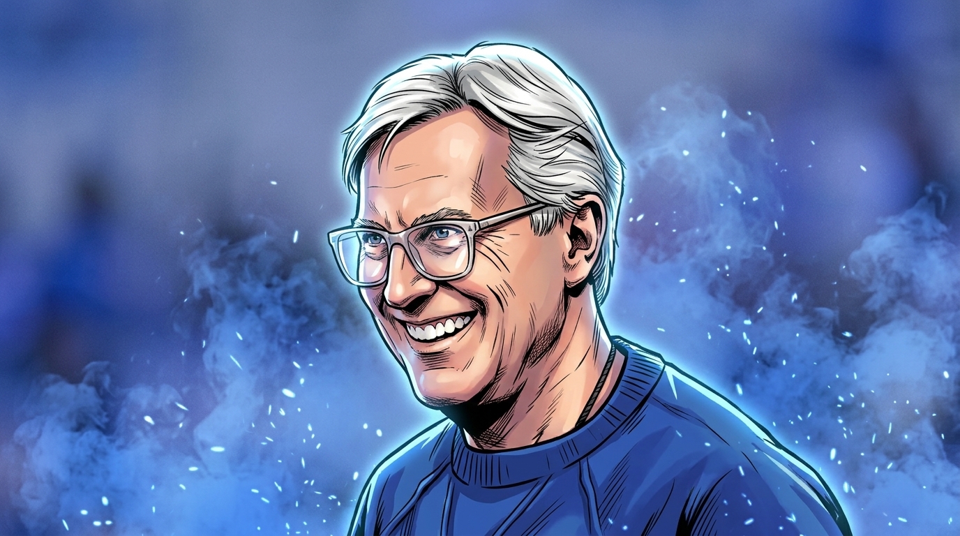 Comic-style illustration of Mark Walter in a blue sweater and glasses, smiling, blue smoke-and-sparks effect, photographic stadium background