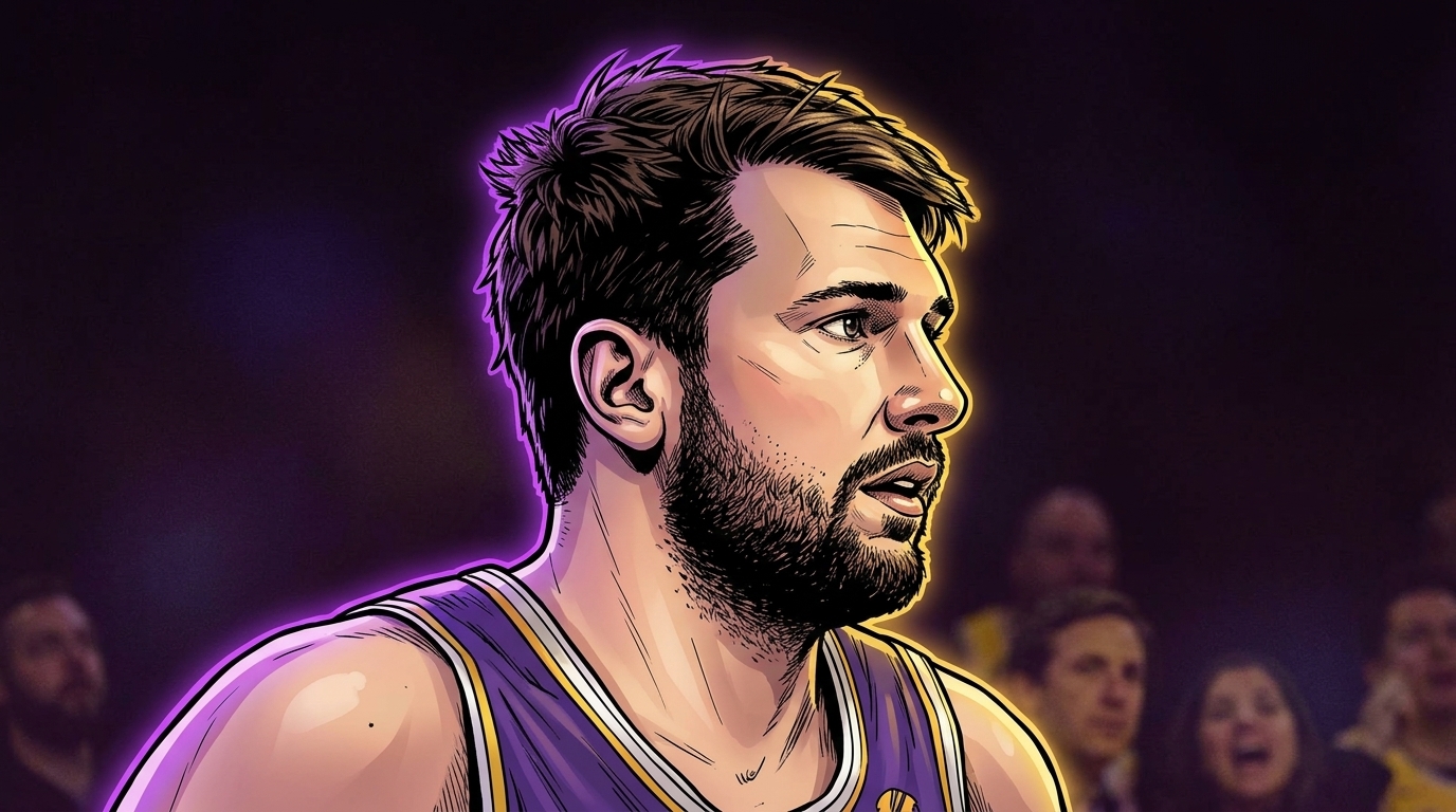 Luka Doncic illustrated in comic book style in a purple and gold Lakers jersey, with bold ink outlines and a neon purple-and-gold rim glow effect over a dark arena background with a blurred crowd