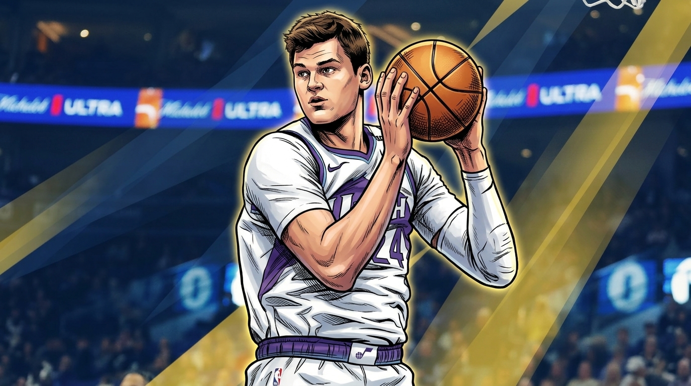 Walker Kessler in white Utah Jazz uniform holding a basketball in Marvel comic book illustration style with geometric light streaks