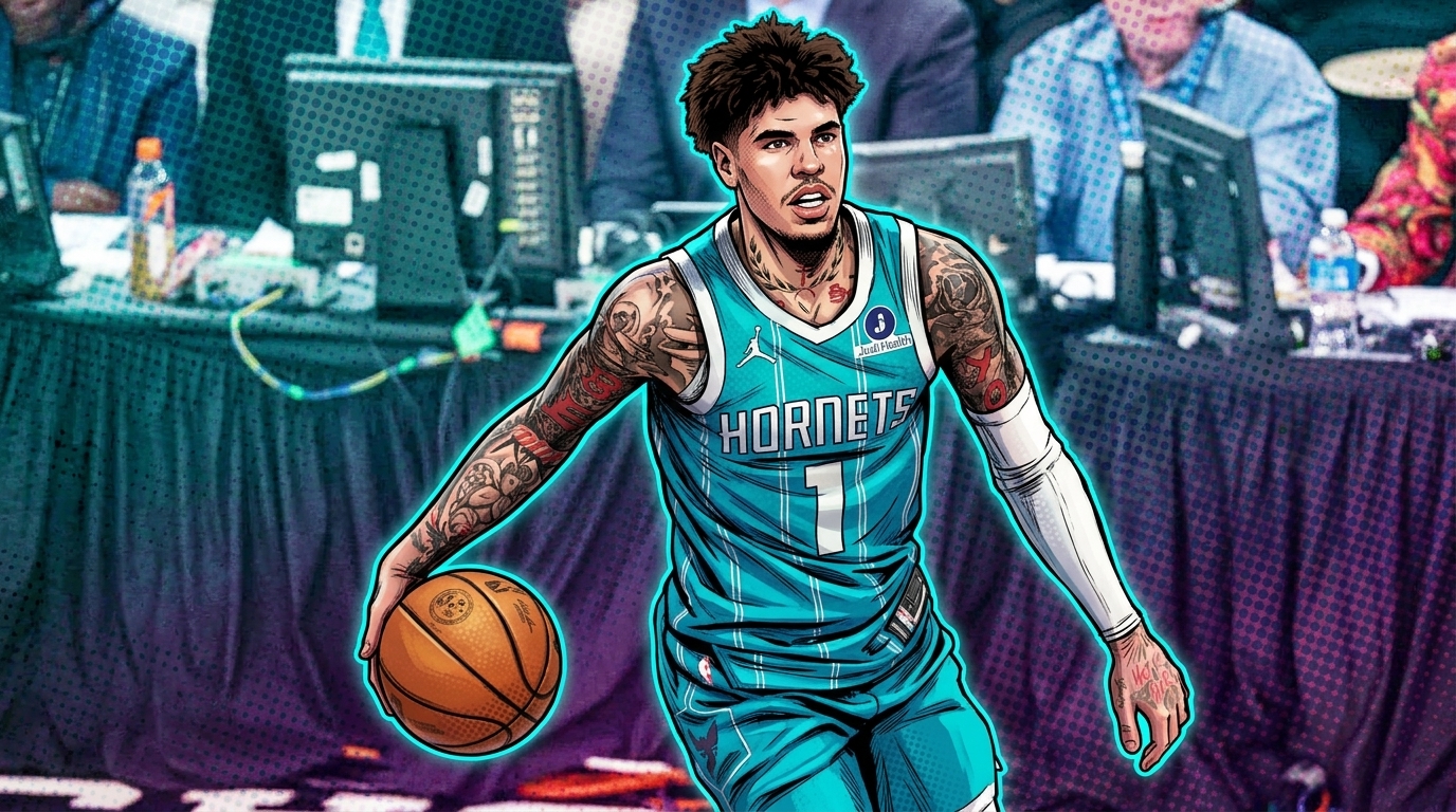 LaMelo Ball, comic-style illustration in a Charlotte Hornets jersey mid-dribble — Swipe Sports
