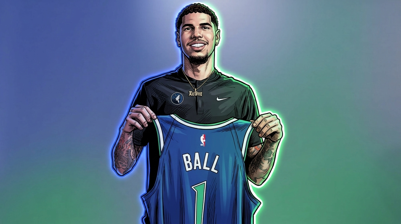 Comic-book style rendering of LaMelo Ball in a black Timberwolves quarter-zip holding up a royal blue Minnesota Timberwolves jersey with green trim, neon rim glow effect, blue-to-green color wash background