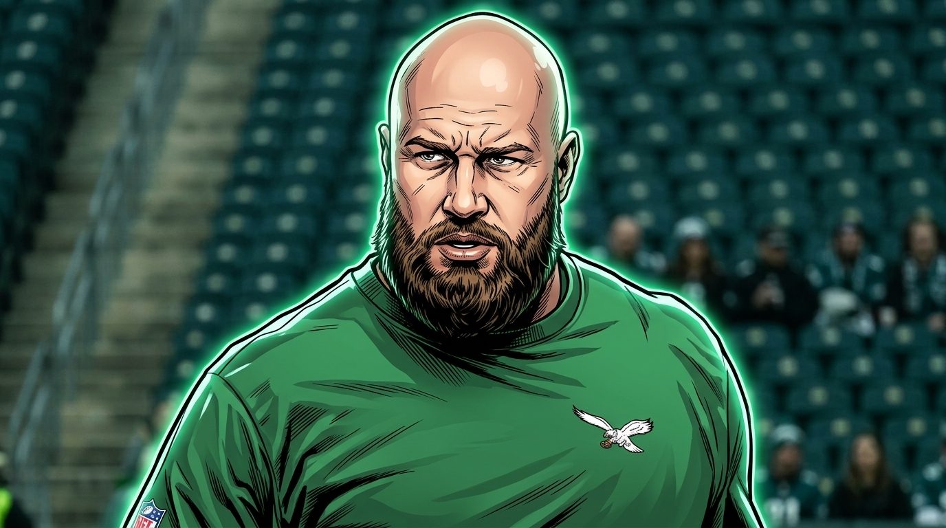Comic-style illustration of a bald, bearded Lane Johnson in a green Eagles pregame pullover with throwback wing logo, neon rim glow effect, blurred stadium seating in the background