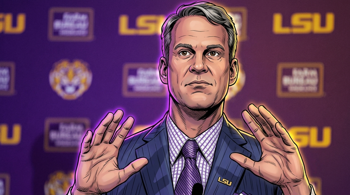 Comic-style illustration of LSU head coach Lane Kiffin gesturing with both hands at a press conference podium, wearing a navy pinstripe suit with a purple LSU tie, LSU step-and-repeat backdrop, purple and gold neon rim glow effect