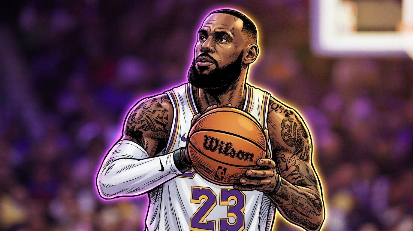 Comic-style illustration of LeBron James shooting a free throw with neon rim glow effect and blurred arena background