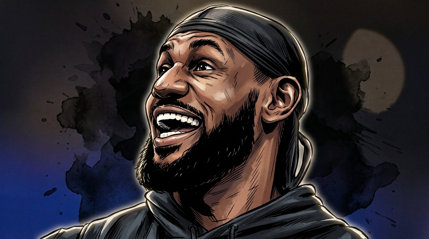 Comic-style illustration of LeBron James laughing in a black durag and dark hoodie against a color-washed dark arena background