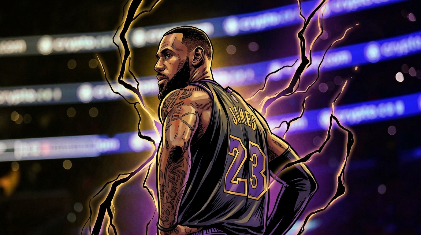 LeBron James #23 in Lakers black City Edition jersey in comic art style with electric energy lightning effect