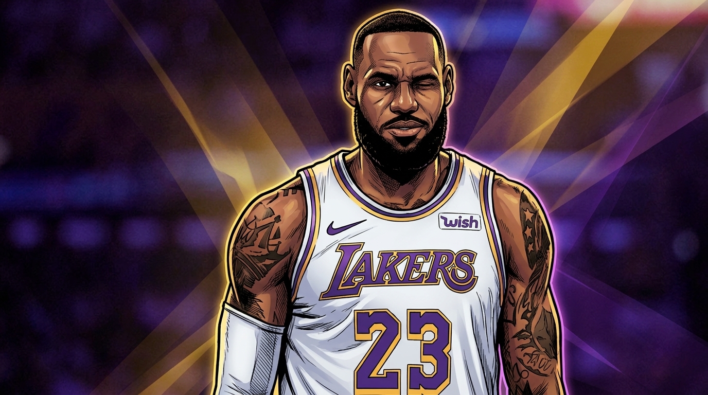 LeBron James in Lakers jersey illustrated in comic book style with gold and purple geometric light streaks