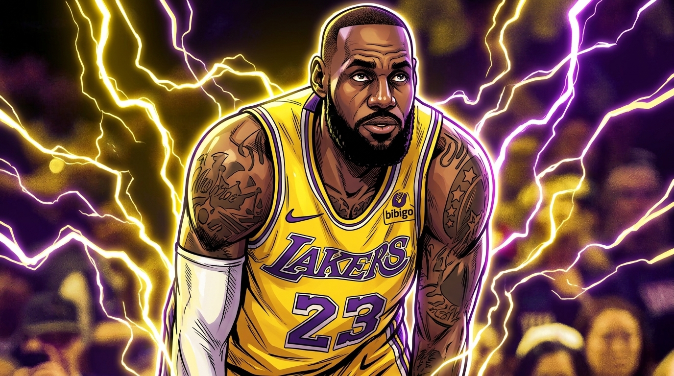 LeBron James in a Lakers jersey, comic-styled with an electric energy lightning effect against a dark arena background