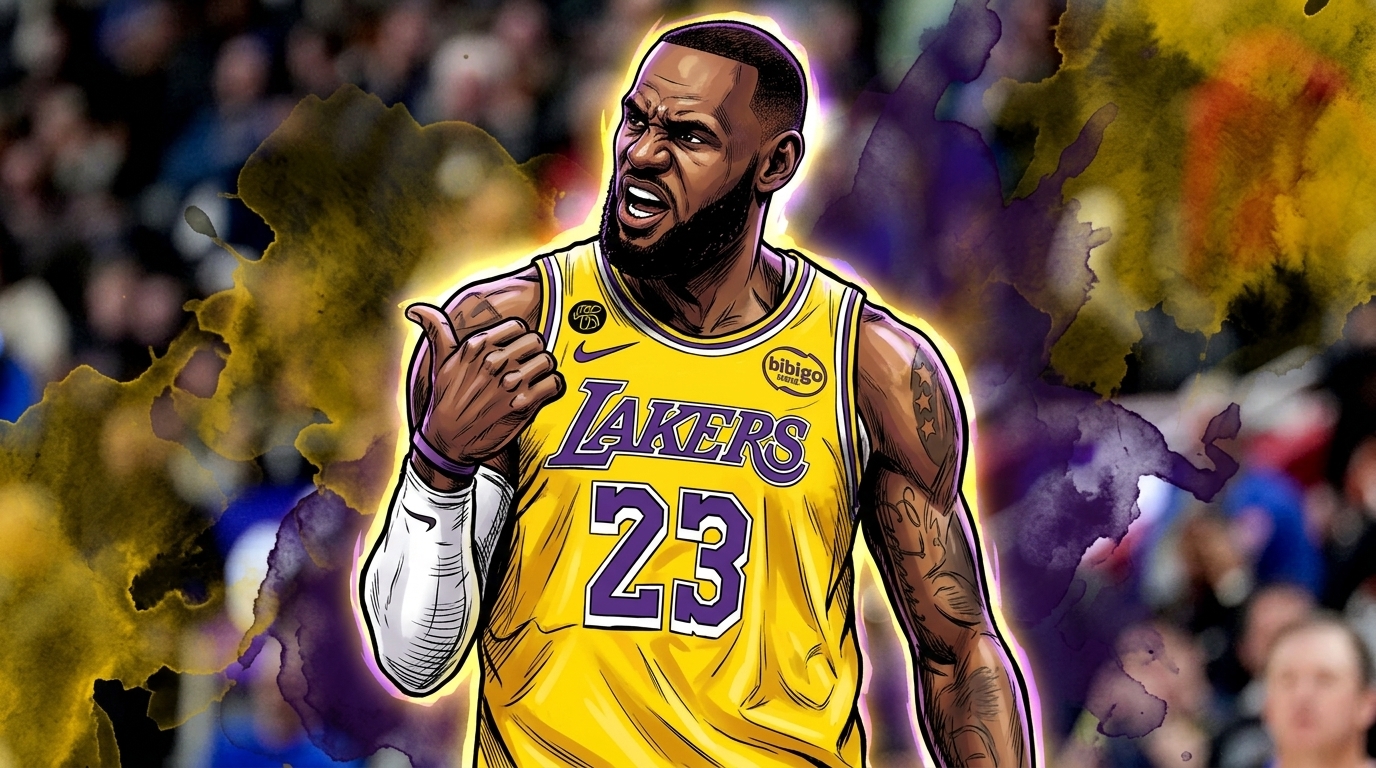 LeBron James in a Lakers jersey reacting with a thumbs-up gesture against a purple-and-gold ink wash arena background, illustrated in comic style