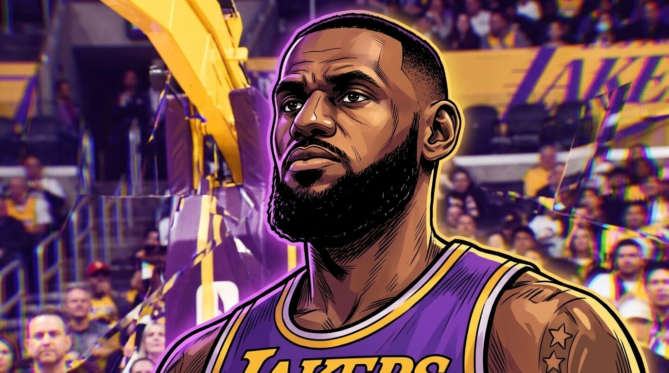 LeBron James in Lakers uniform, comic book style with chromatic dispersion effect