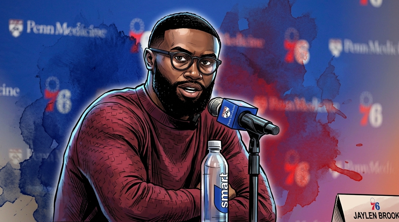 Comic-style illustration of Jaylen Brown speaking at a press conference, from Swipe Sports' coverage of LeBron James, Jaylen Brown, and Tyrese Maxey's first workout together as 76ers teammates