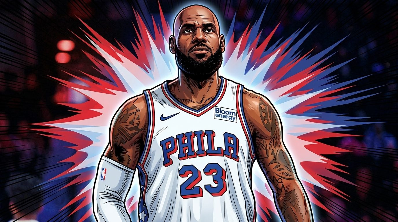 Comic-style illustration of LeBron James in his Philadelphia 76ers home jersey with a red, blue and white shockwave effect