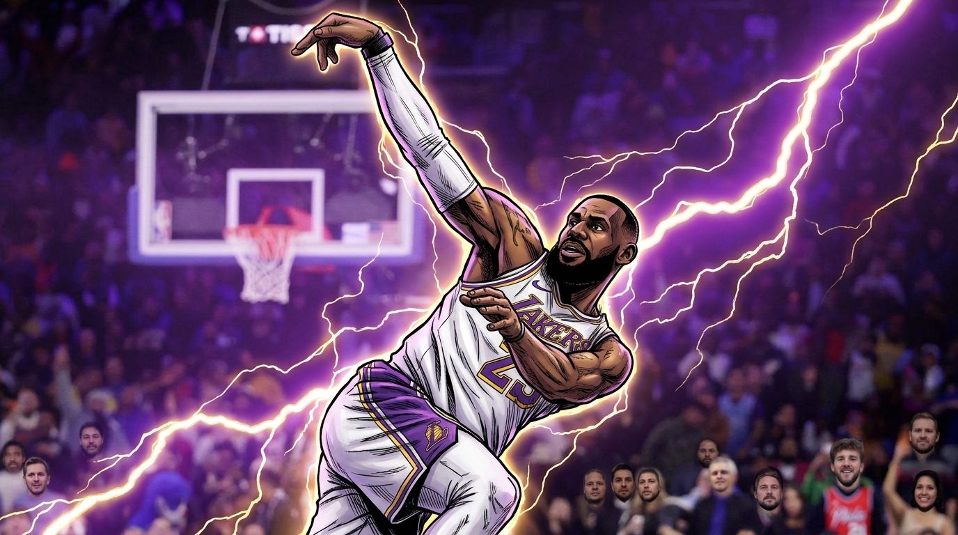 Comic-style illustration of LeBron James in his white Lakers jersey leaping with his shooting arm fully extended after a jump shot, purple and gold lightning crackling across the dark arena background as a blurred crowd looks on.