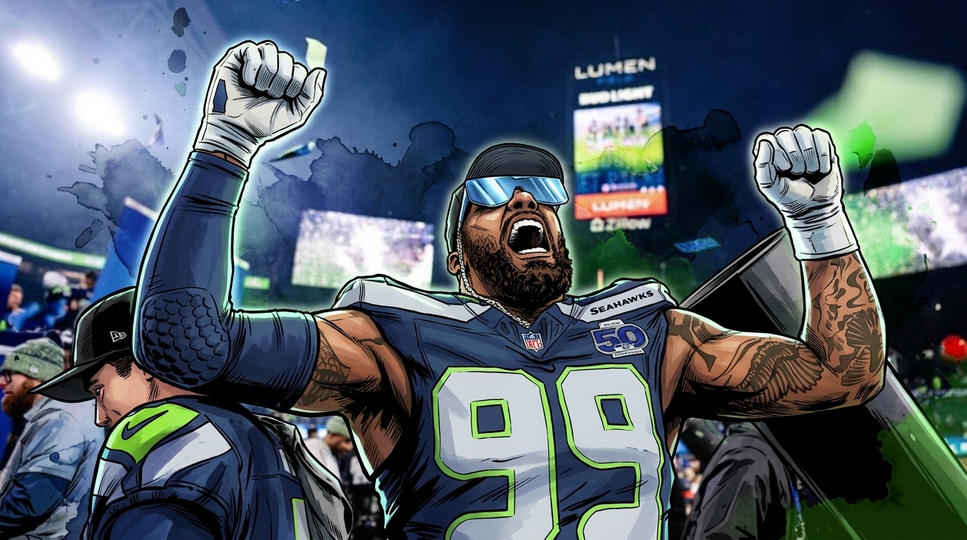 Comic-style illustration of Leonard Williams celebrating in his navy Seahawks jersey with white shoulder yoke and neon-green '99' numerals, arms raised, ink-wash blue background at Lumen Field with confetti and stadium screens