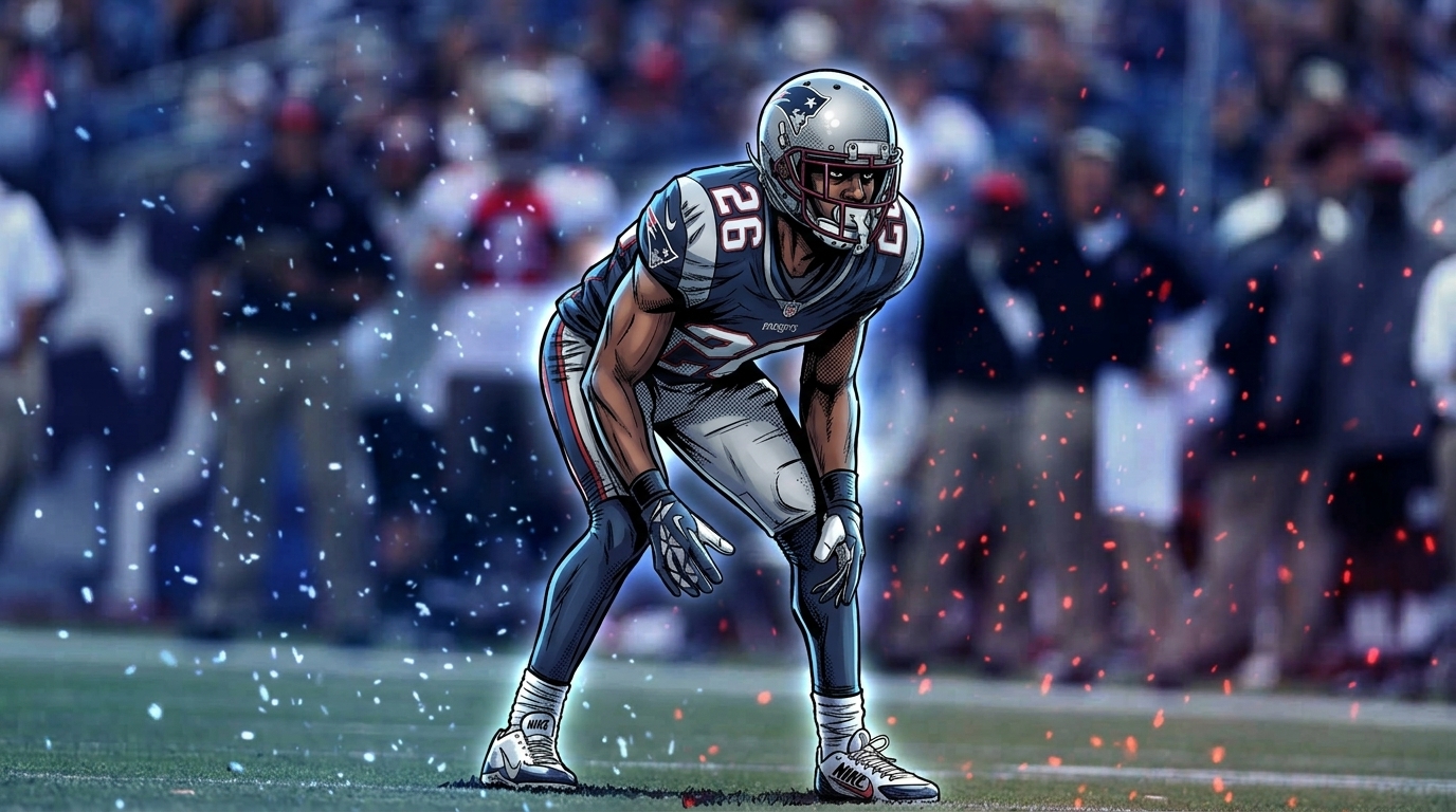 Comic-style illustration of Logan Ryan in his New England Patriots navy #26 jersey and silver helmet, in a defensive stance, with a white and red particle-ember effect over a blurred stadium sideline background