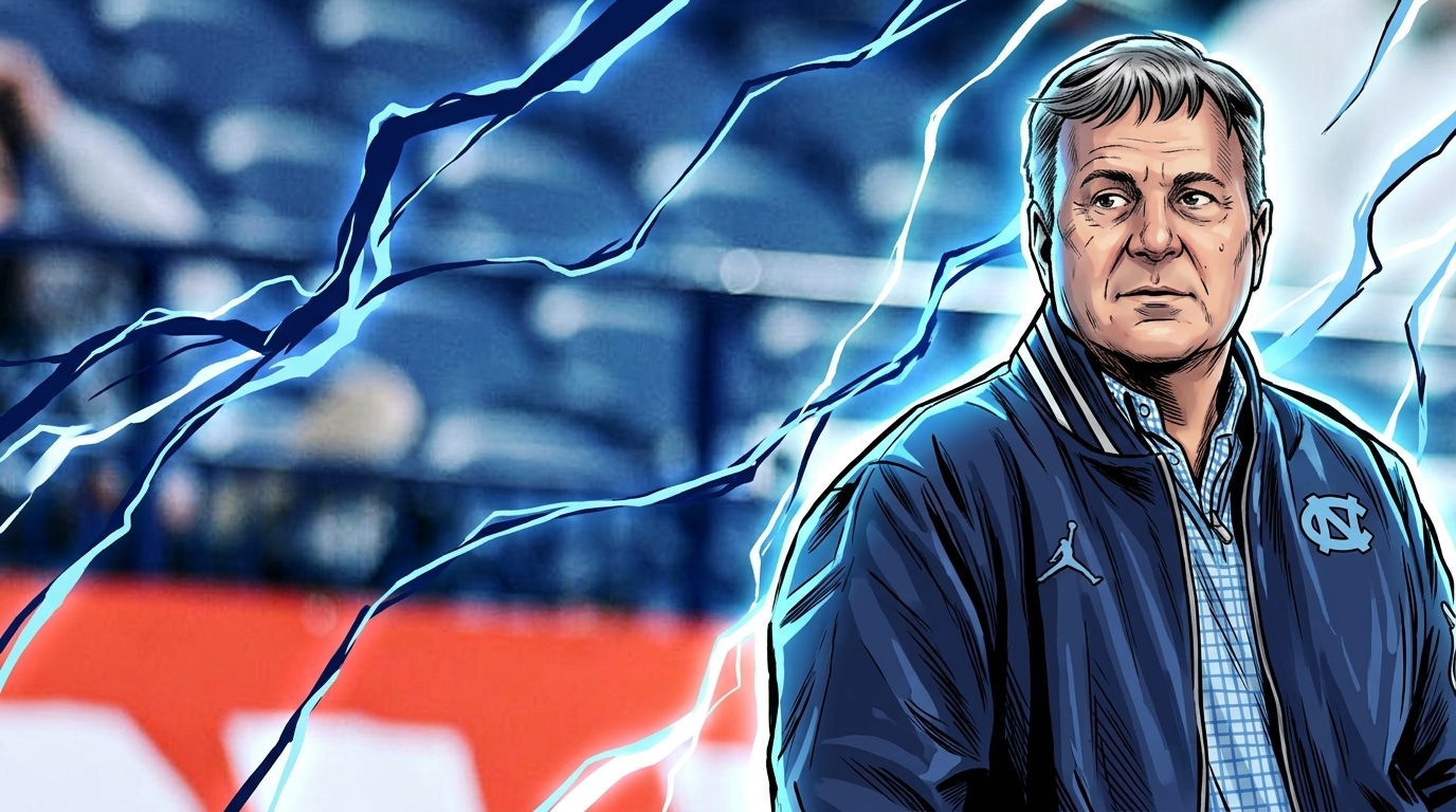 Comic-style illustrated portrait of Michael Lombardi in a navy UNC quarter-zip on the sideline, electric blue energy effect, blurred stadium stands and orange ad banner in the background