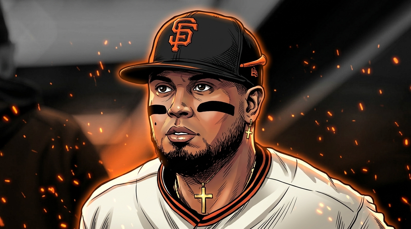 Luis Arraez in San Francisco Giants gear, comic-style illustrated portrait with ember effect, before his move to the Philadelphia Phillies