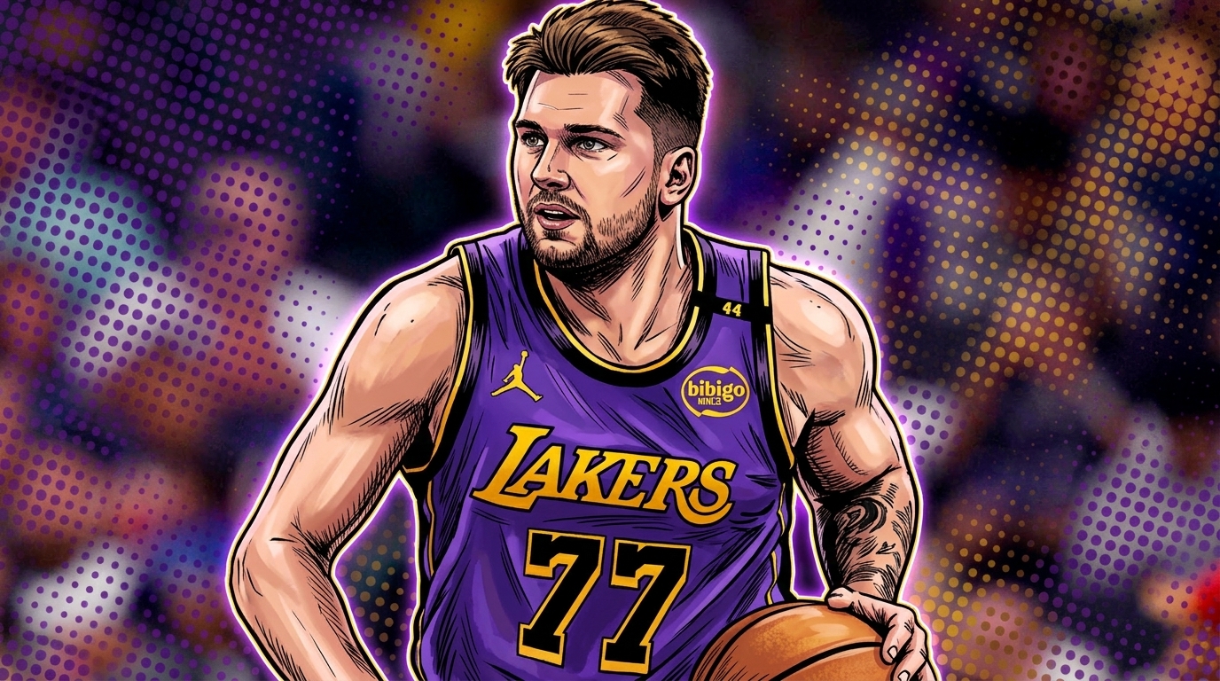 Luka Doncic in a comic-style illustration wearing a purple Lakers jersey, dribbling a basketball