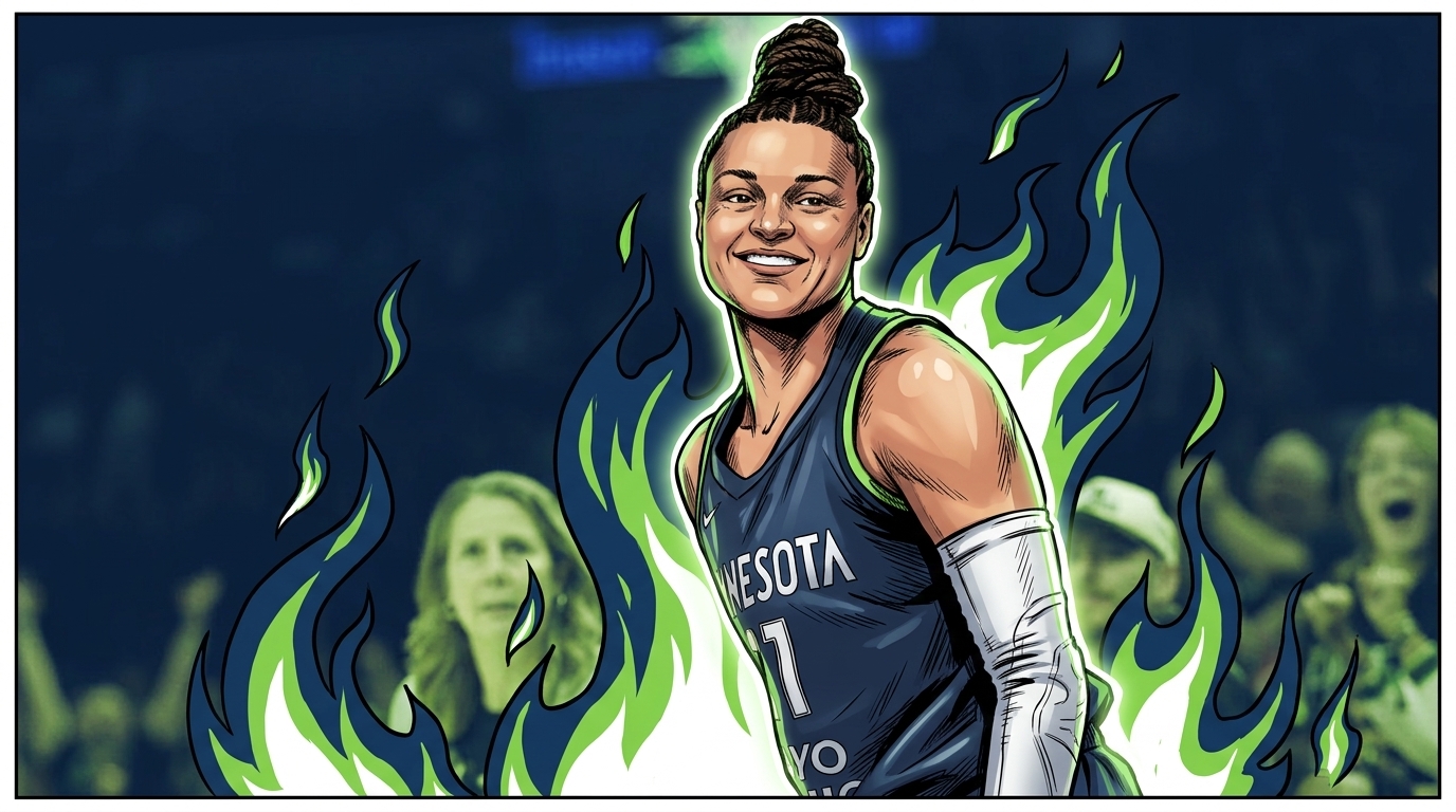 Comic-style illustration of Kayla McBride smiling in a Minnesota Lynx navy road jersey, green and navy flame effects rising behind her