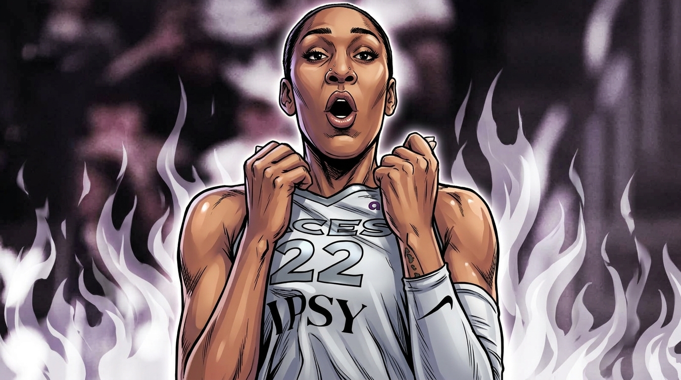 Comic-style illustration of A'ja Wilson celebrating with clenched fists, wearing a white Las Vegas Aces home jersey with purple accents, white and purple flame effects in the background