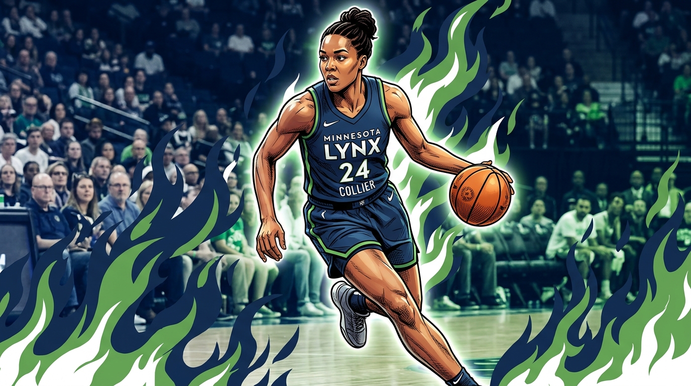 Comic-style illustration of Napheesa Collier driving with the ball in a navy Minnesota Lynx road jersey #24, with a green-and-navy flames effect over a blurred crowd background
