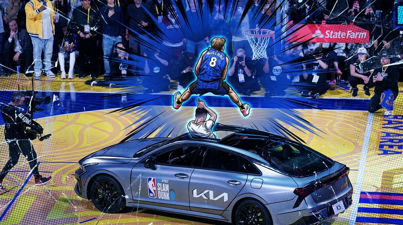 Mac McClung in comic-style illustration leaping over Draymond Green's car at Shaq's Dunkman League