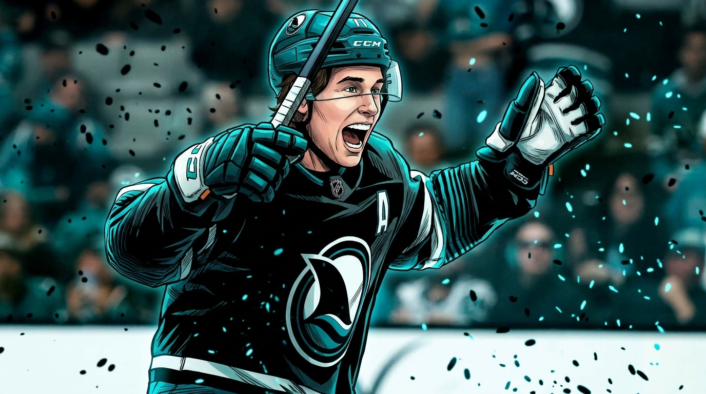 Macklin Celebrini celebrates in a black alternate Sharks jersey with an A on the chest, comic-style illustration with teal particle effects in the background