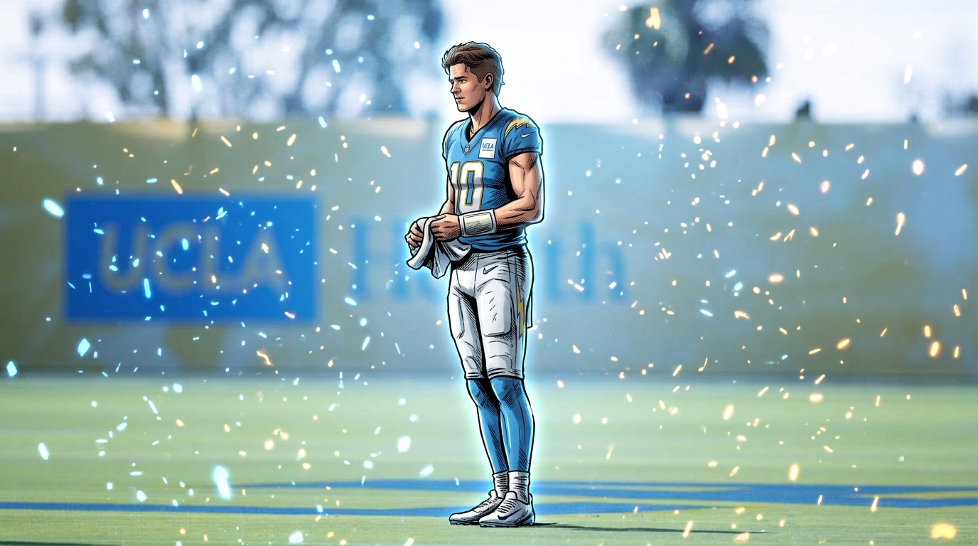 Justin Herbert in Marvel comic book illustration style standing during Chargers training camp, powder blue #10 jersey, particle field and floating embers effect