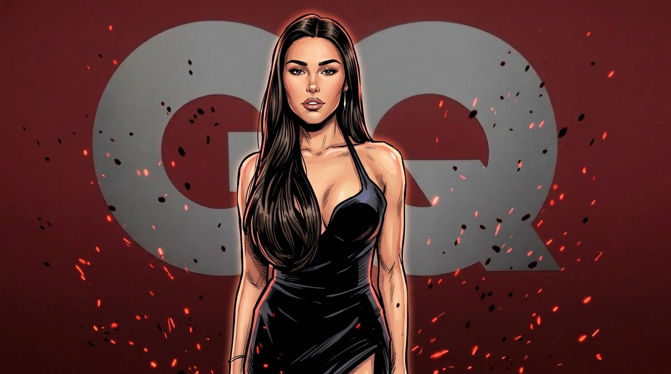 Madison Beer in Marvel comic book illustration style, black halter dress, GQ red carpet backdrop, red particle-field and floating-embers effect