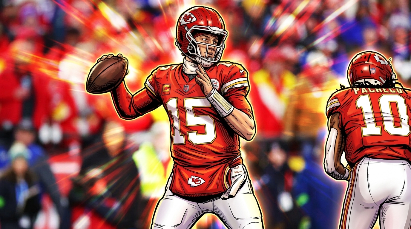 Patrick Mahomes in red Chiefs jersey #15 rendered in comic book style with chromatic dispersion effect