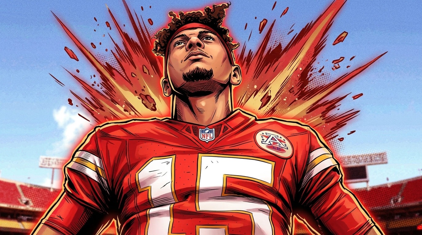 Comic-style illustration of Patrick Mahomes in a Kansas City Chiefs jersey with a red and gold shockwave burst effect behind him